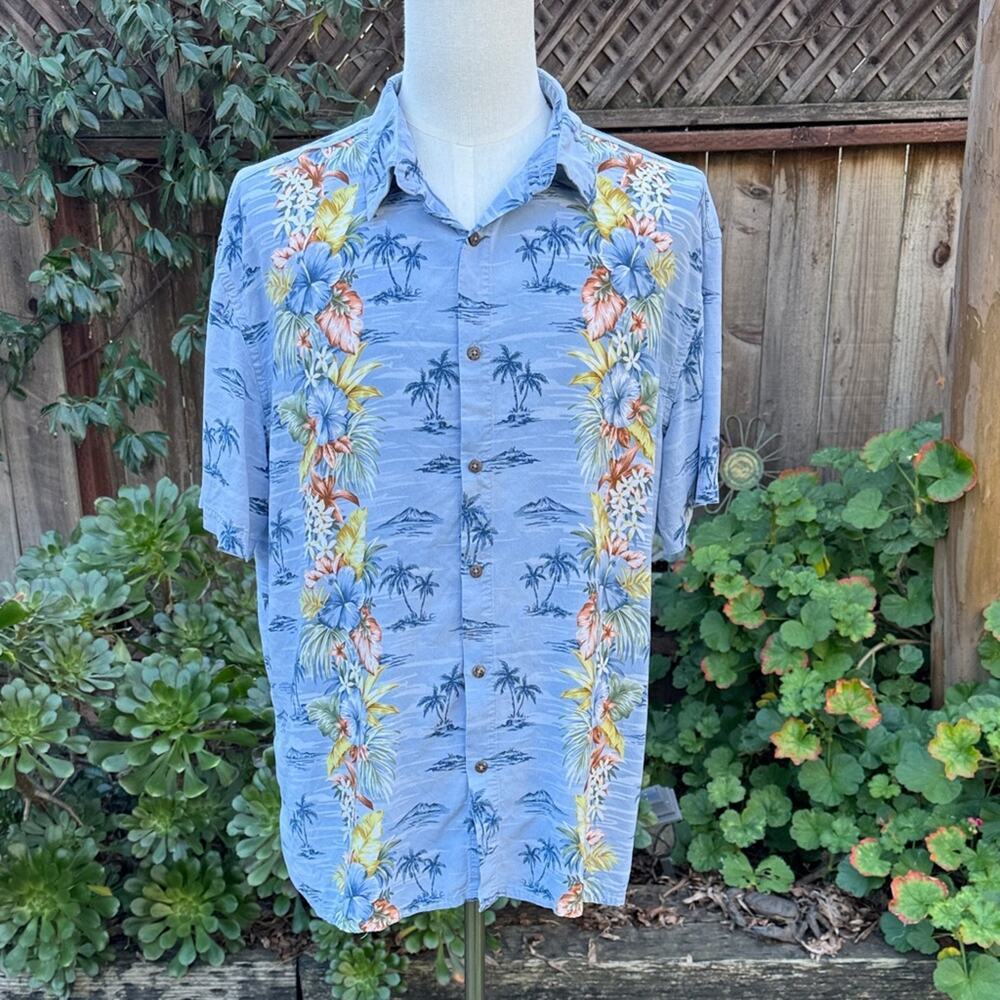 Island Shores Hibiscus Palm Trees Men's XXL Hawaiian Tropical Button Down Shirt